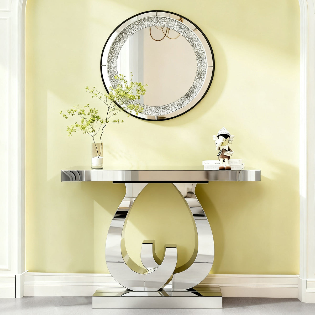 Modern Mirror Side Table with Double C-Shape Base - Silver Mirror