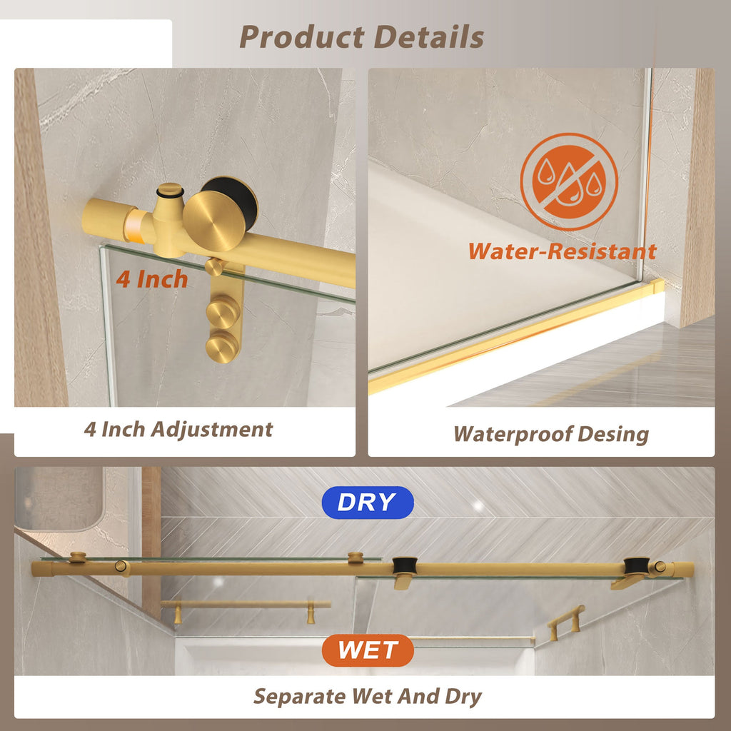 Frameless Sliding Shower Door with Clear Tempered Glass - Brushed Gold