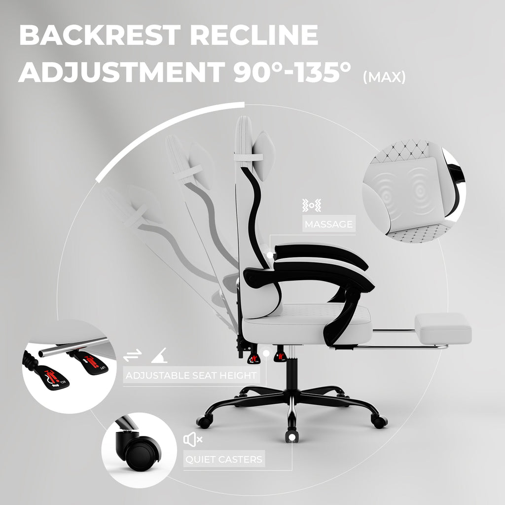 Gaming Chair with Massage and Ergonomic Design - White/Black