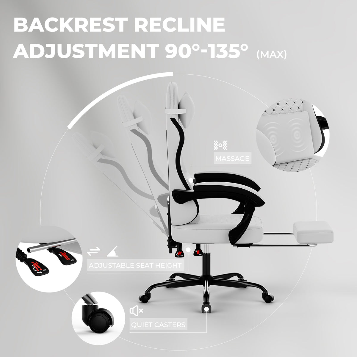 Gaming Chair with Massage and Ergonomic Design - White/Black