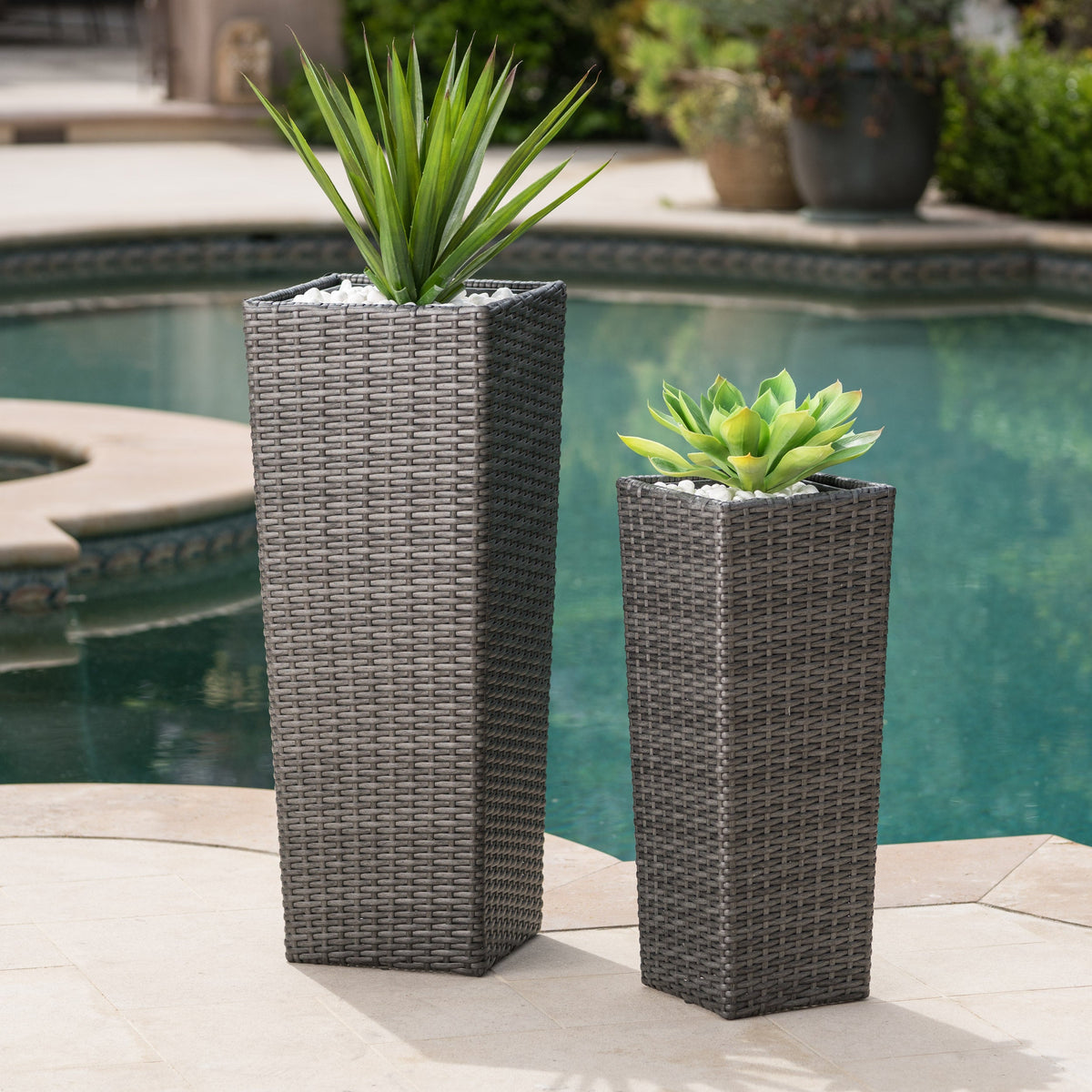 Grey Rattan Flower Pot Set with Iron Frame – Garden Planters