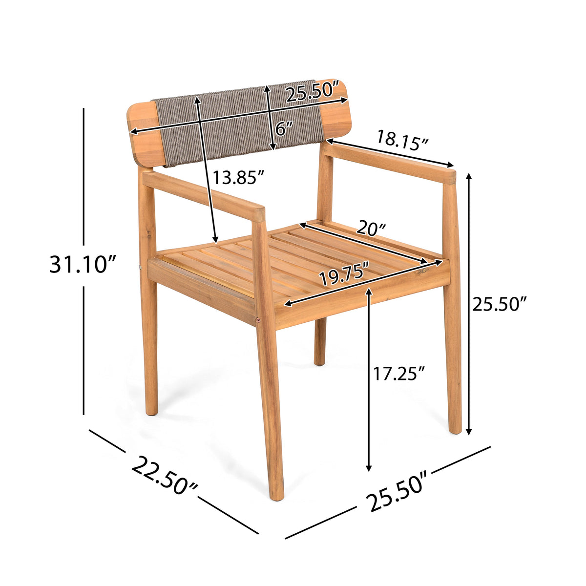 Creative Braided Acacia Wood Outdoor Dining Chairs with Armrests - Grey