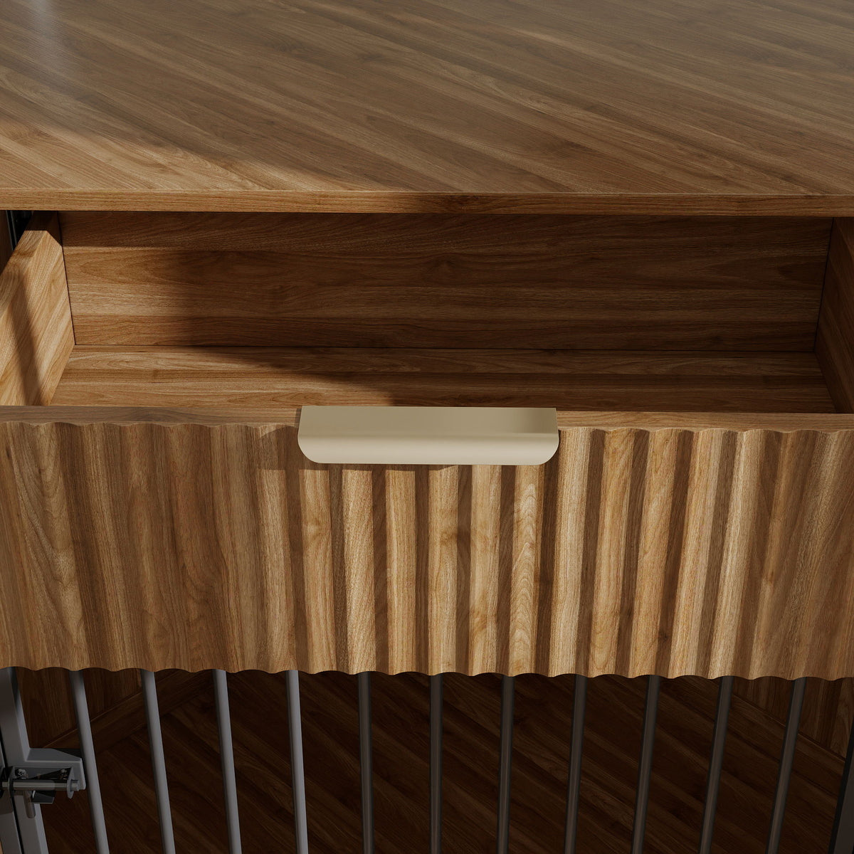 Corner Dog Crate with Fluted Drawer - White or Dark Brown