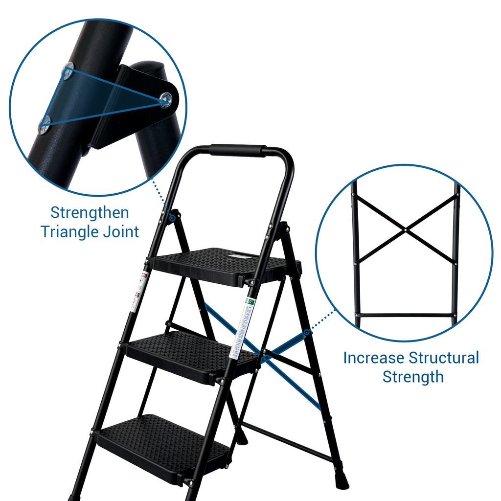 3 Step Ladder Folding Step Stool with Wide Anti-Slip Pedal - Black
