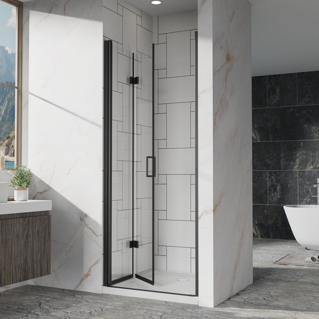 Bifold Frameless Shower Door with Tempered Clear Glass - Pearl Silver or Black