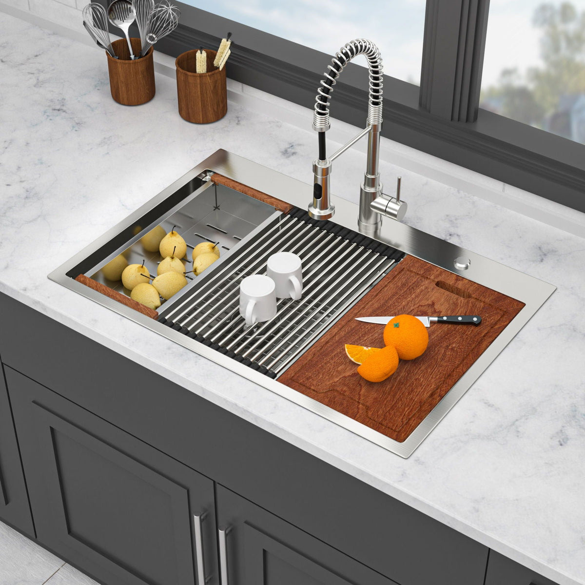 Gray Double Bowl Kitchen Sink with 16 Gauge Stainless Steel - Dual Mount