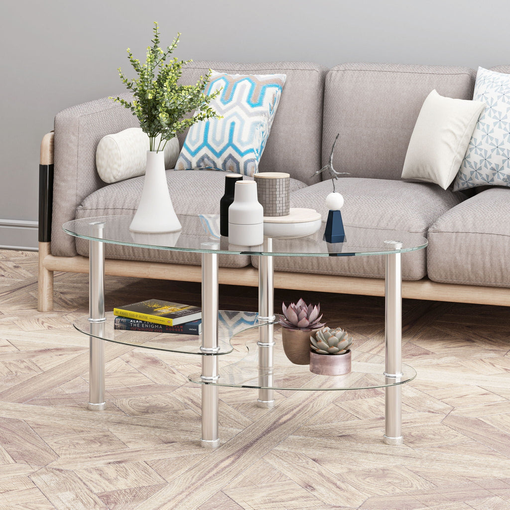 Transparent Oval Glass Coffee Table with 3-Layer Tempered Glass - White or Light Brown