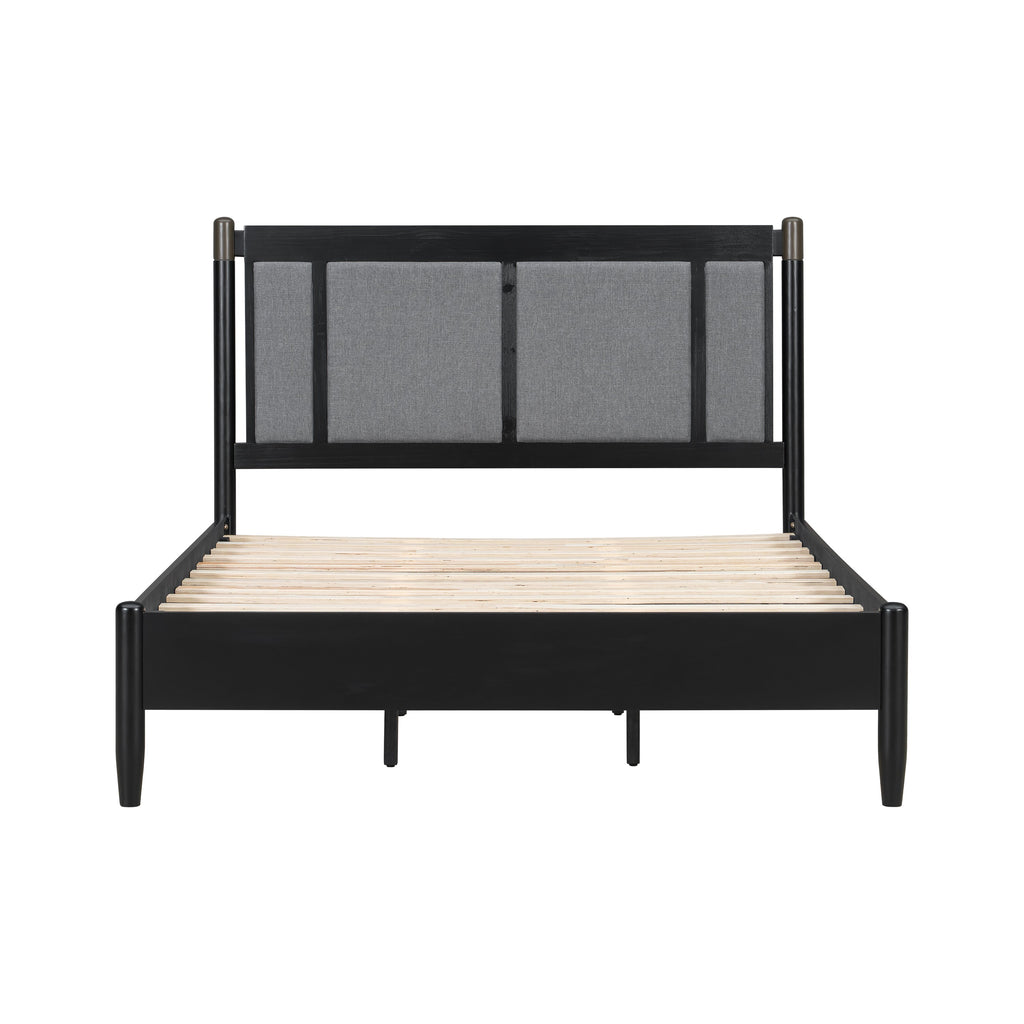 Solid Wood Queen Bed with 500 lbs Support and Fabric Headboard - Dark Grey