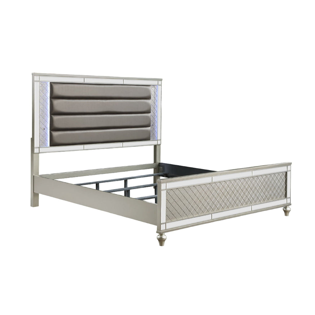 Modern Panel Bed with Tufted Design and LED Lighting - Pearl Silver