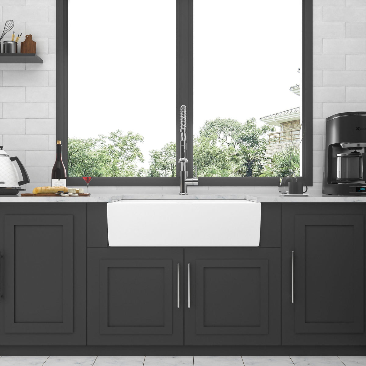 Ceramic Farmhouse Sink with Deep Basin and Stainless Steel Grid - White
