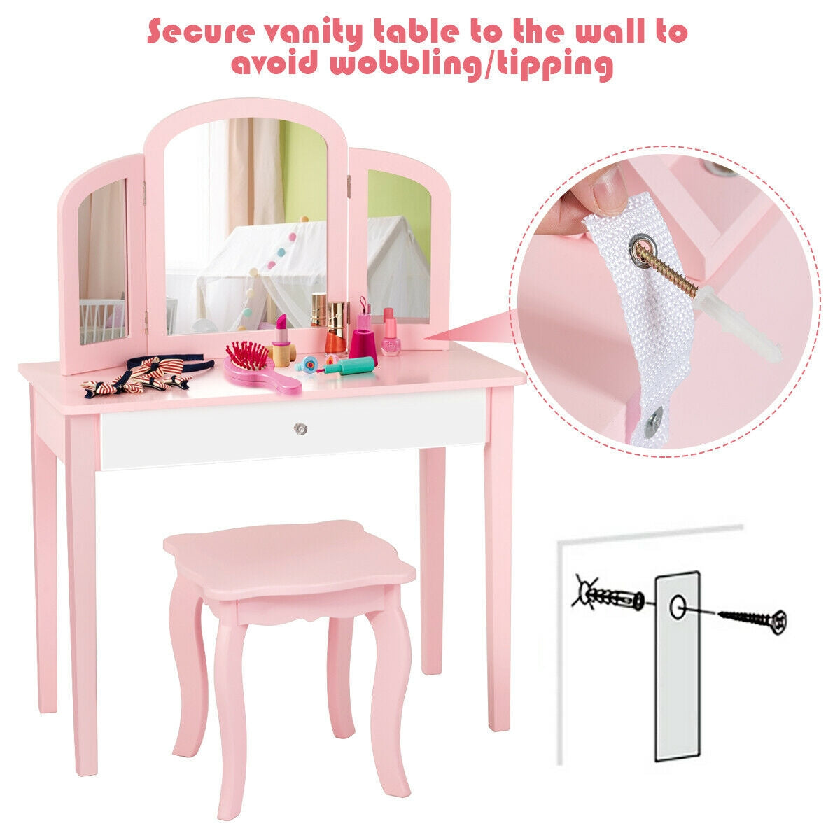 Kids Princess Make Up Dressing Table with Tri-folding Mirror and Chair
