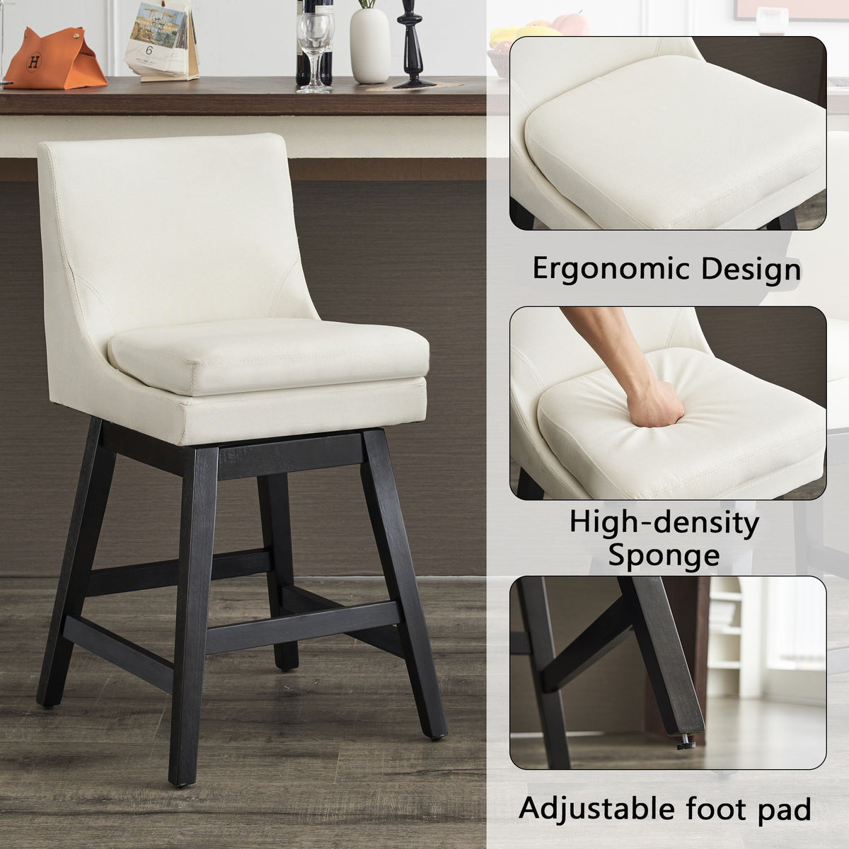 Upholstered Swivel Bar Stools with Ergonomic Design - Cream White (Set of 2)