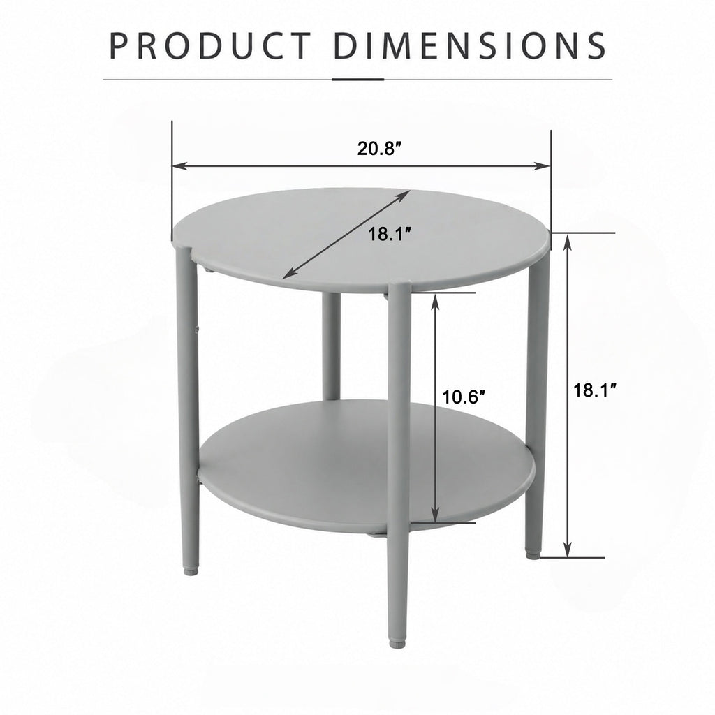 Metal Round Side Table with 2-Tier Storage - Grey
