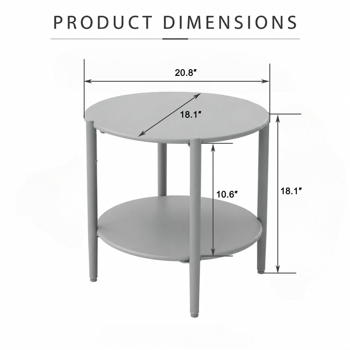 Metal Round Side Table with 2-Tier Storage - Grey