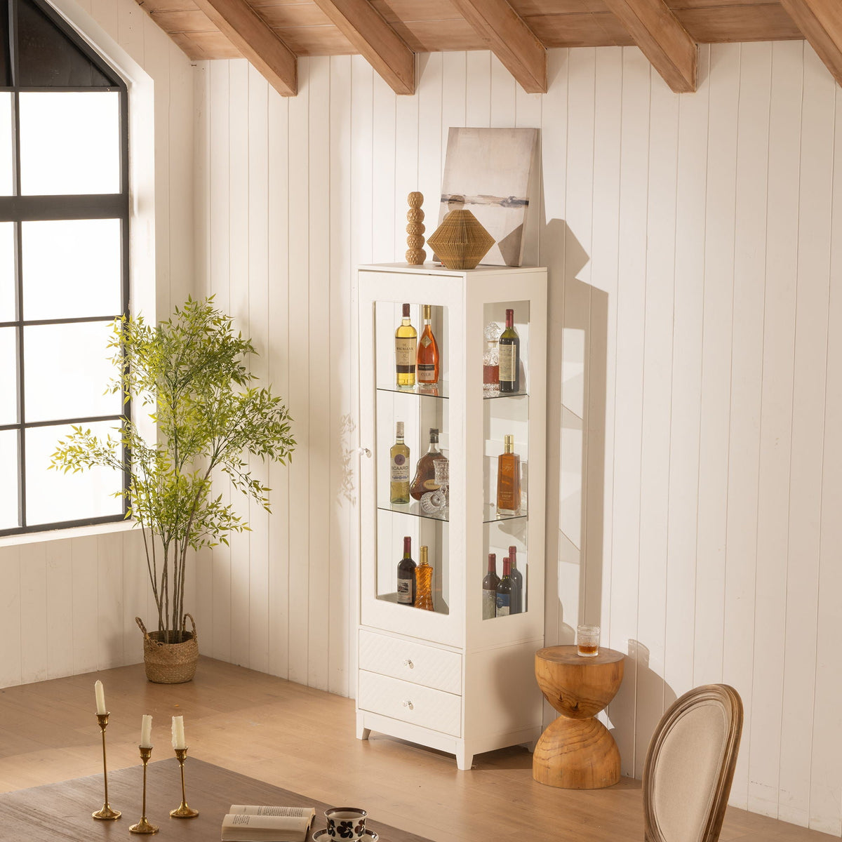 Modern Upholstered Glass Display Cabinet with Adjustable LED Light - White