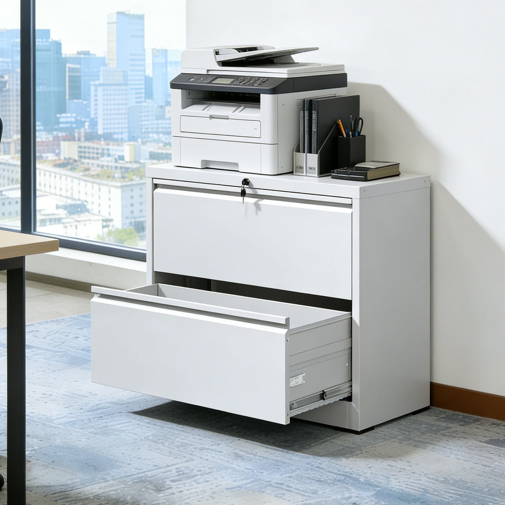 Lateral File Cabinet with Locking System and Anti-Tip Interlock - White