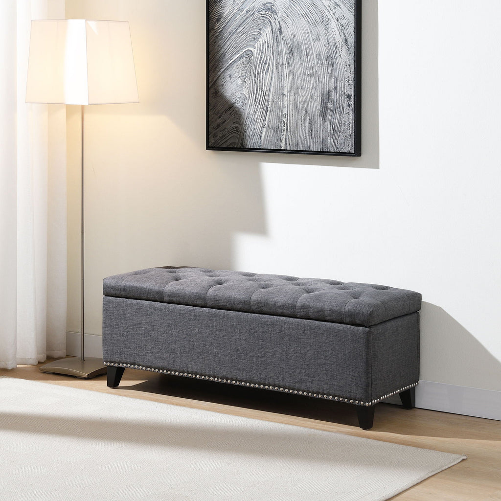 Button-Tufted Storage Ottoman with Safety Close Hinge - Light Brown or Black