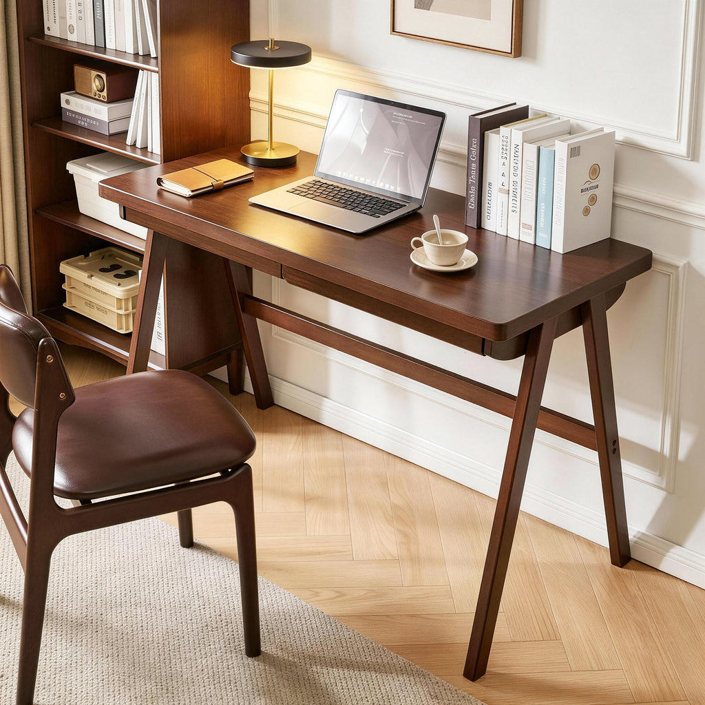 Solid Rubber Wood Computer Desk with Retro Design - Natural Wood