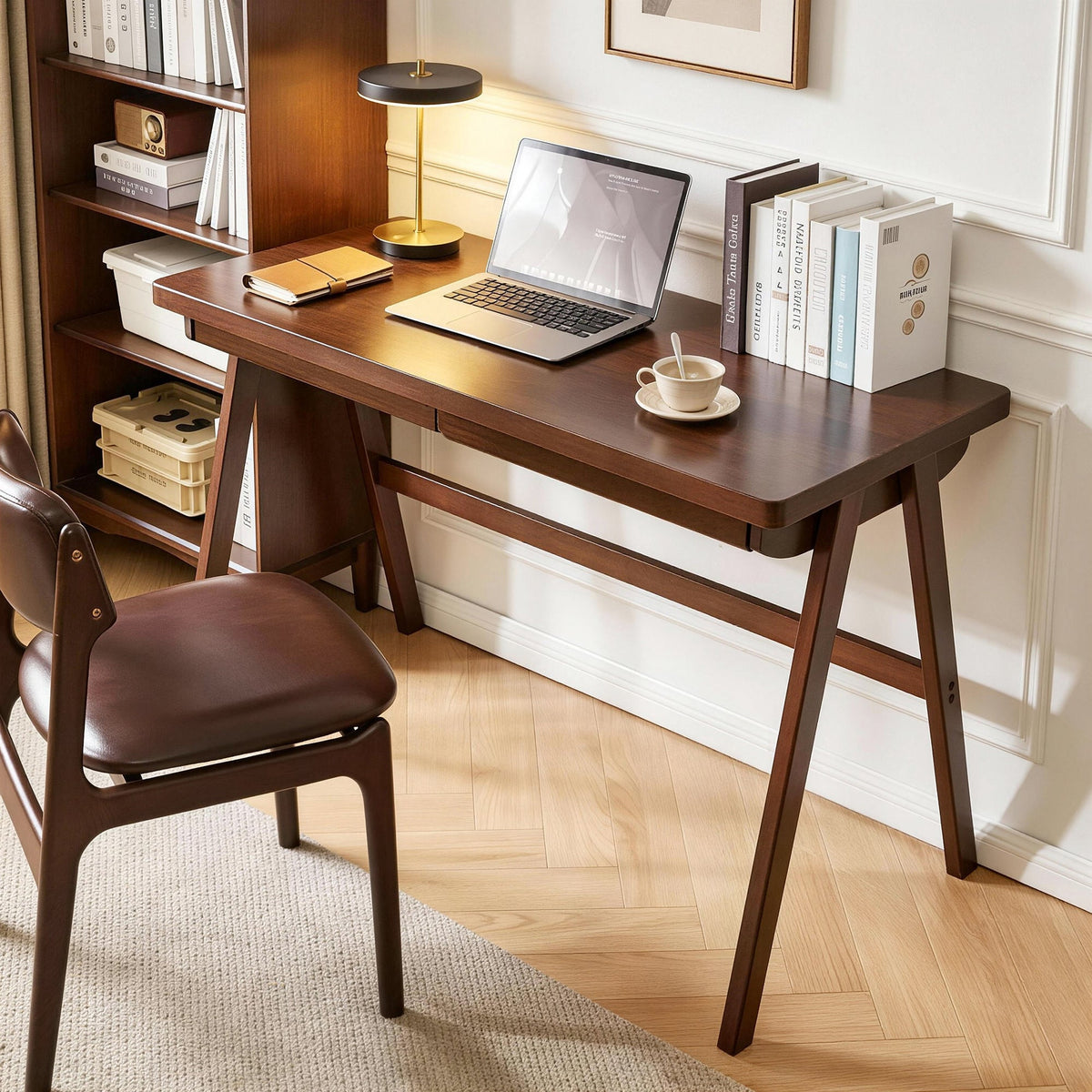 Solid Rubber Wood Computer Desk with Retro Design - Natural Wood