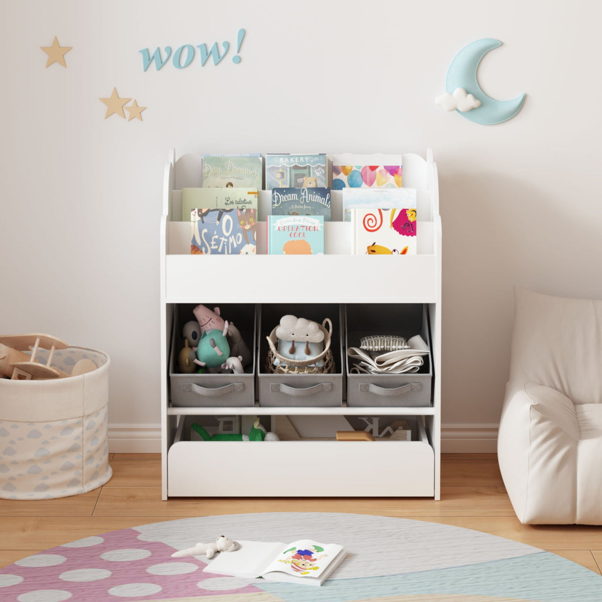 Bookshelf With Storage Bins and Drawer – Multi Functional Book Organizer for Toddlers - White