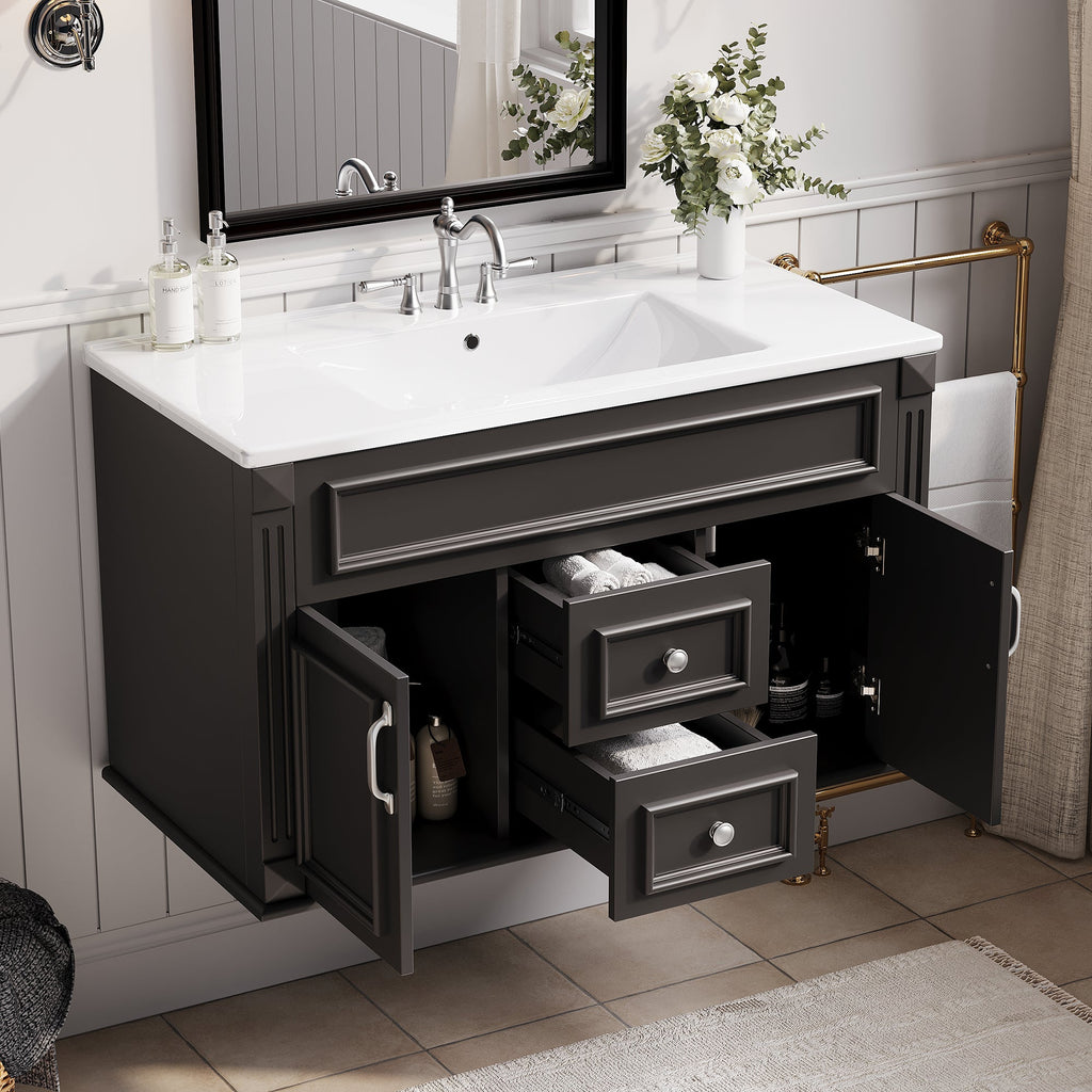 36 Inch Wall Mounted Bathroom Vanity with Ceramic Sink - Multiple Colors