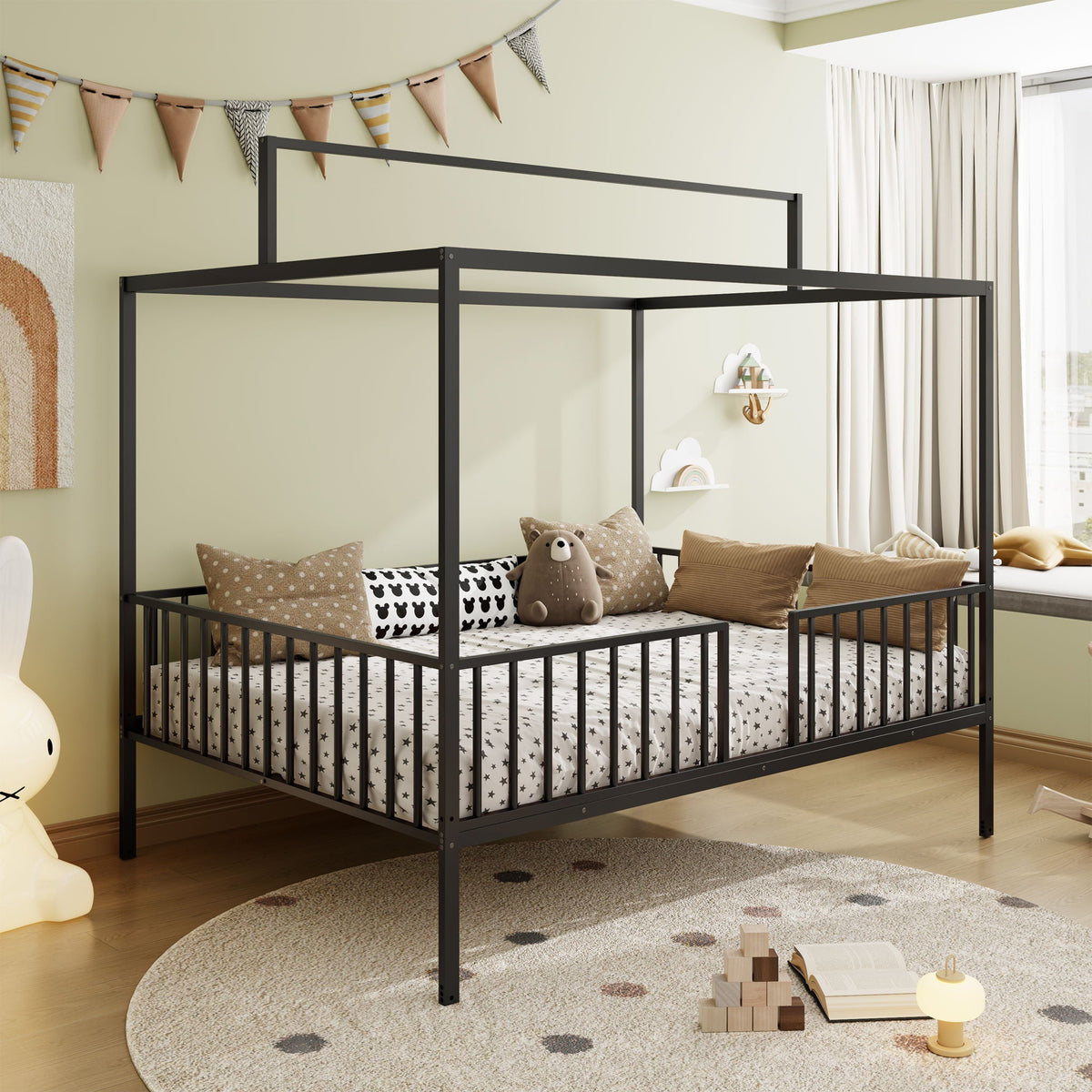 3 In 1 Convertible Montessori Floor Bed with Fenced Support - Full