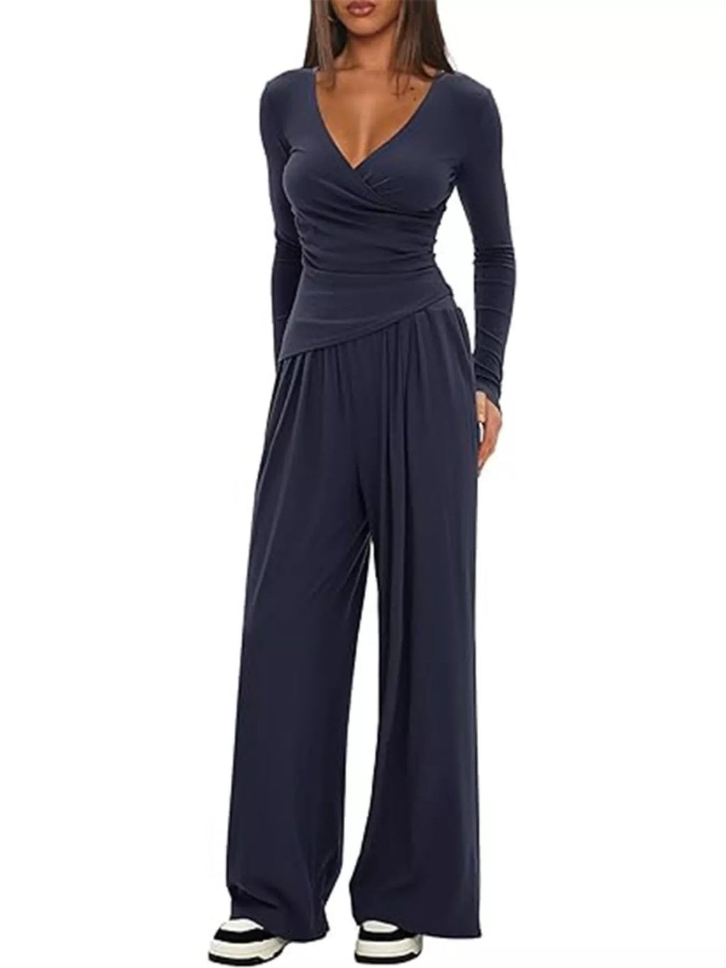 Casual Long Sleeve Top and Wide Leg Pants Set
