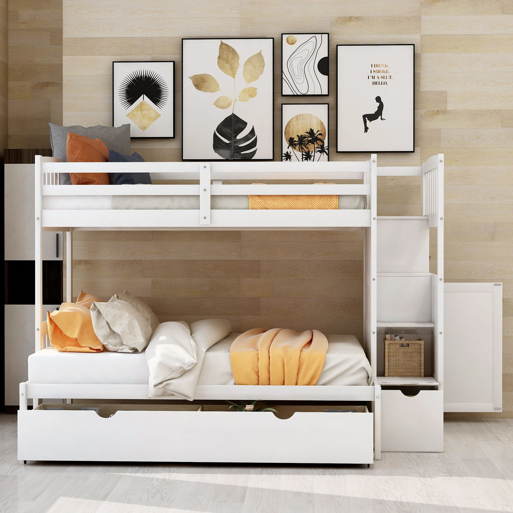 Convertible Twin Over Full Bunk Bed with Storage Shelves and Drawers - White or Dark Gray