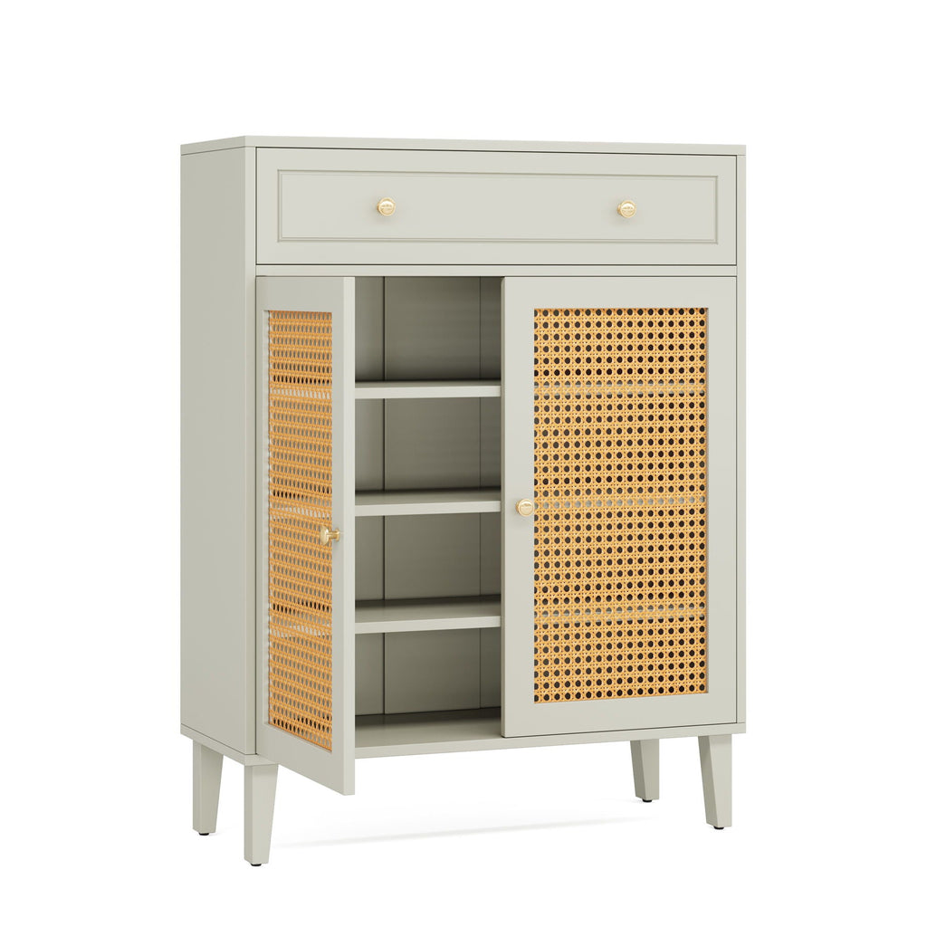 Mint Green Shoe Cabinet With Rattan Doors and Drawer - 4 Tier Storage Organizer