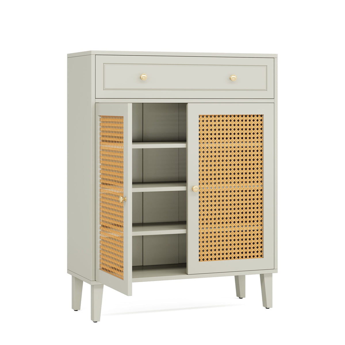 Mint Green Shoe Cabinet With Rattan Doors and Drawer - 4 Tier Storage Organizer