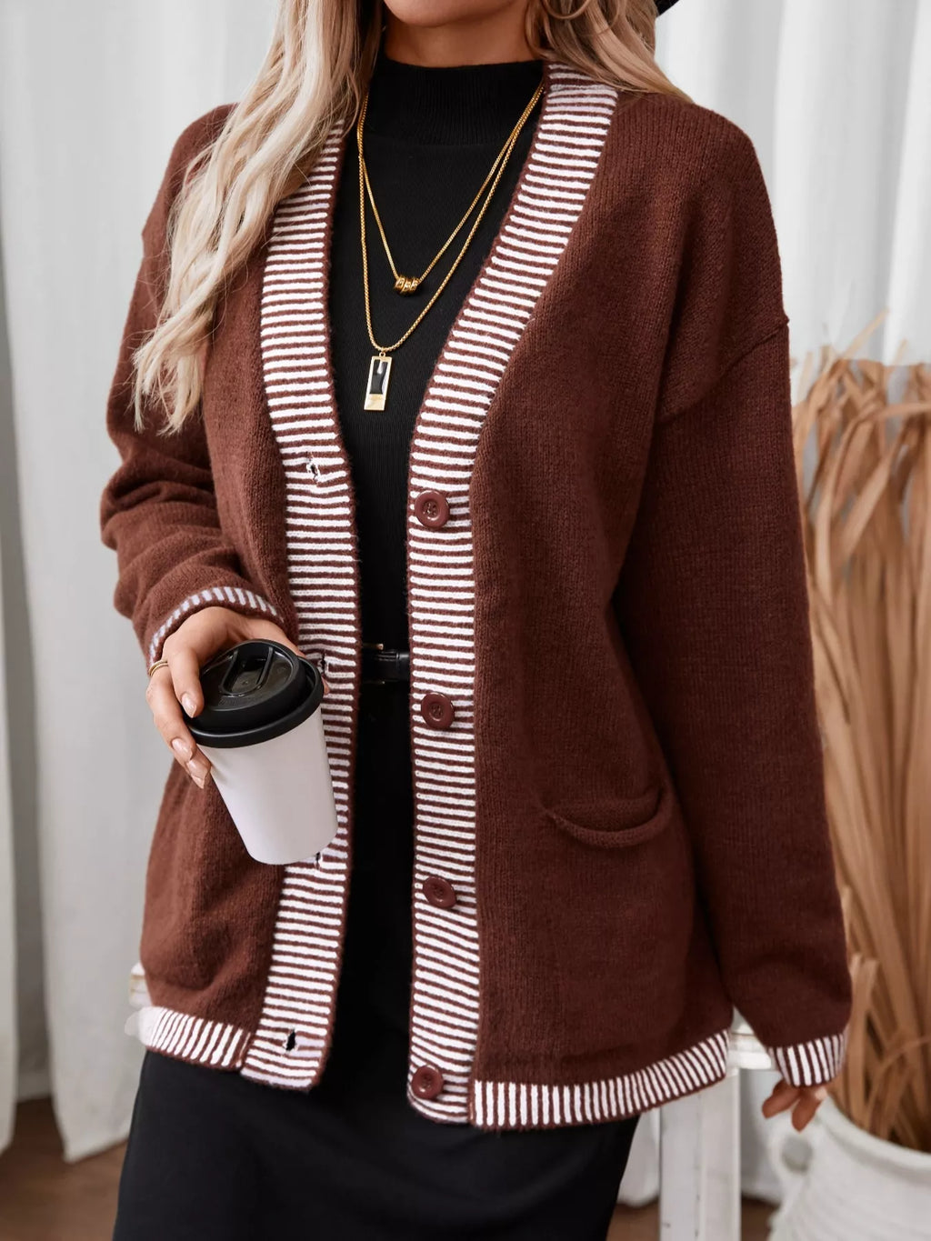 Striped Trim Button Front Pocket Knit Cardigan