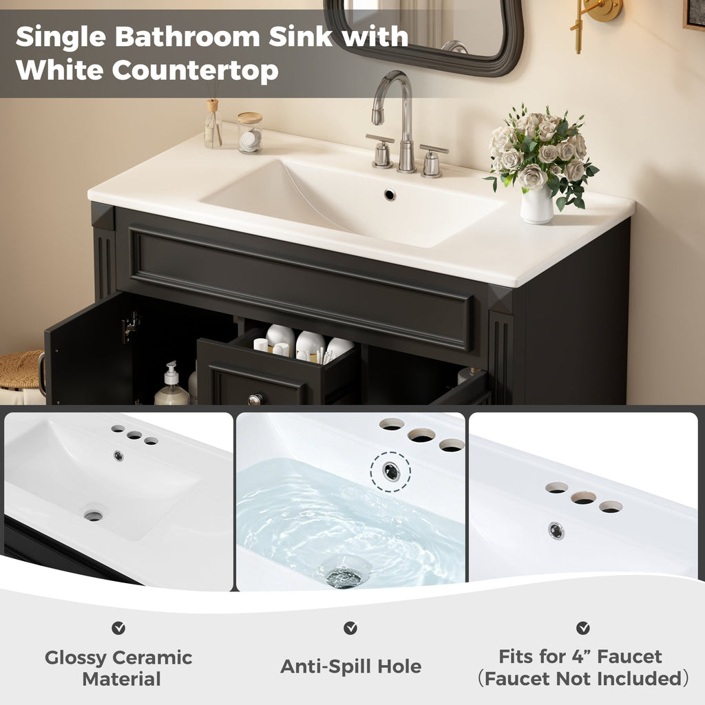36 Inch Wall Mounted Bathroom Vanity with Ceramic Sink - Multiple Colors