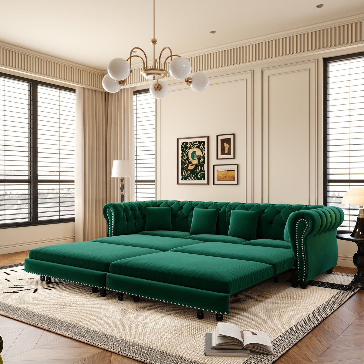 Chesterfield 3-in-1 Pull-Out Sofa Bed with Convertible Sleeper - Green