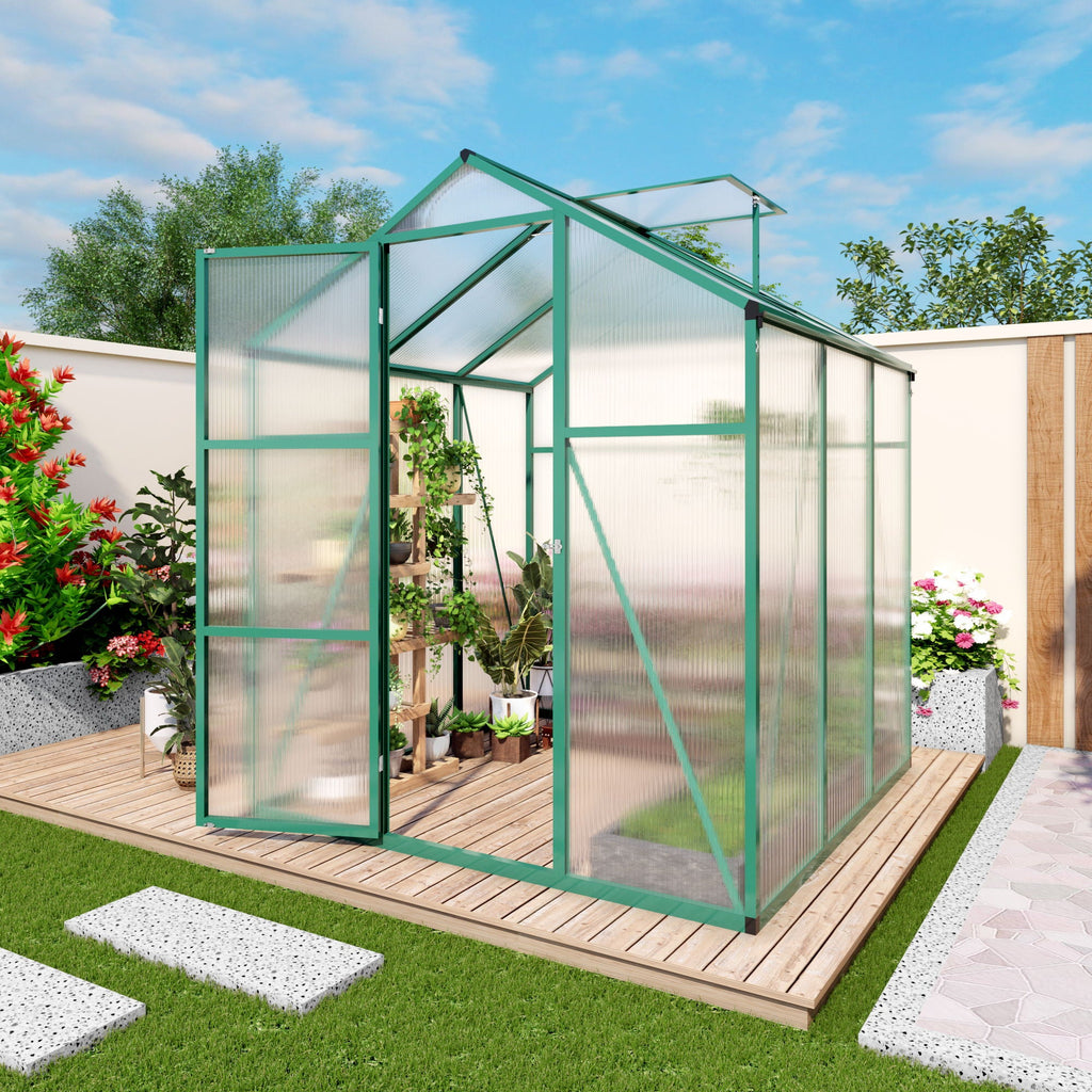Polycarbonate Walk-In Greenhouse with Raised Base - Green