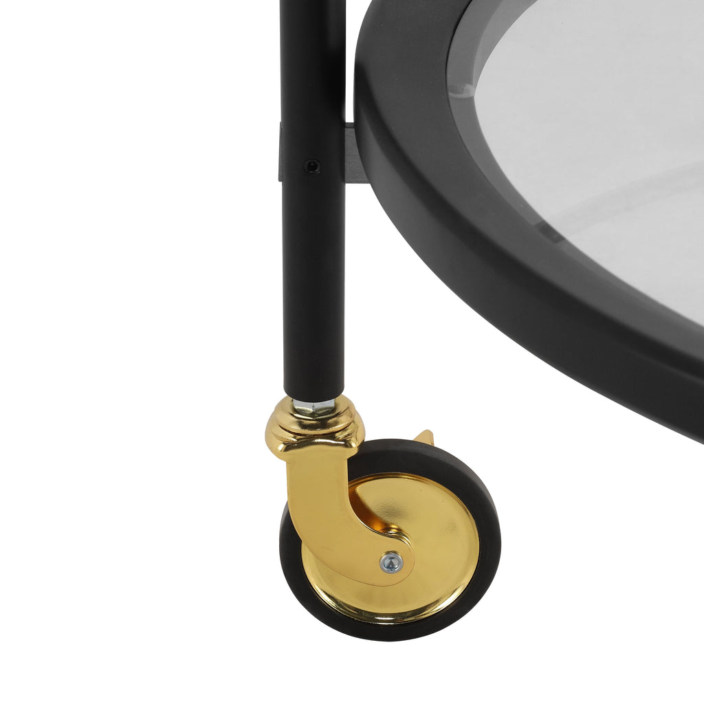 Modern Round Bar Cart with Tempered Glass Shelves - Black and Gold