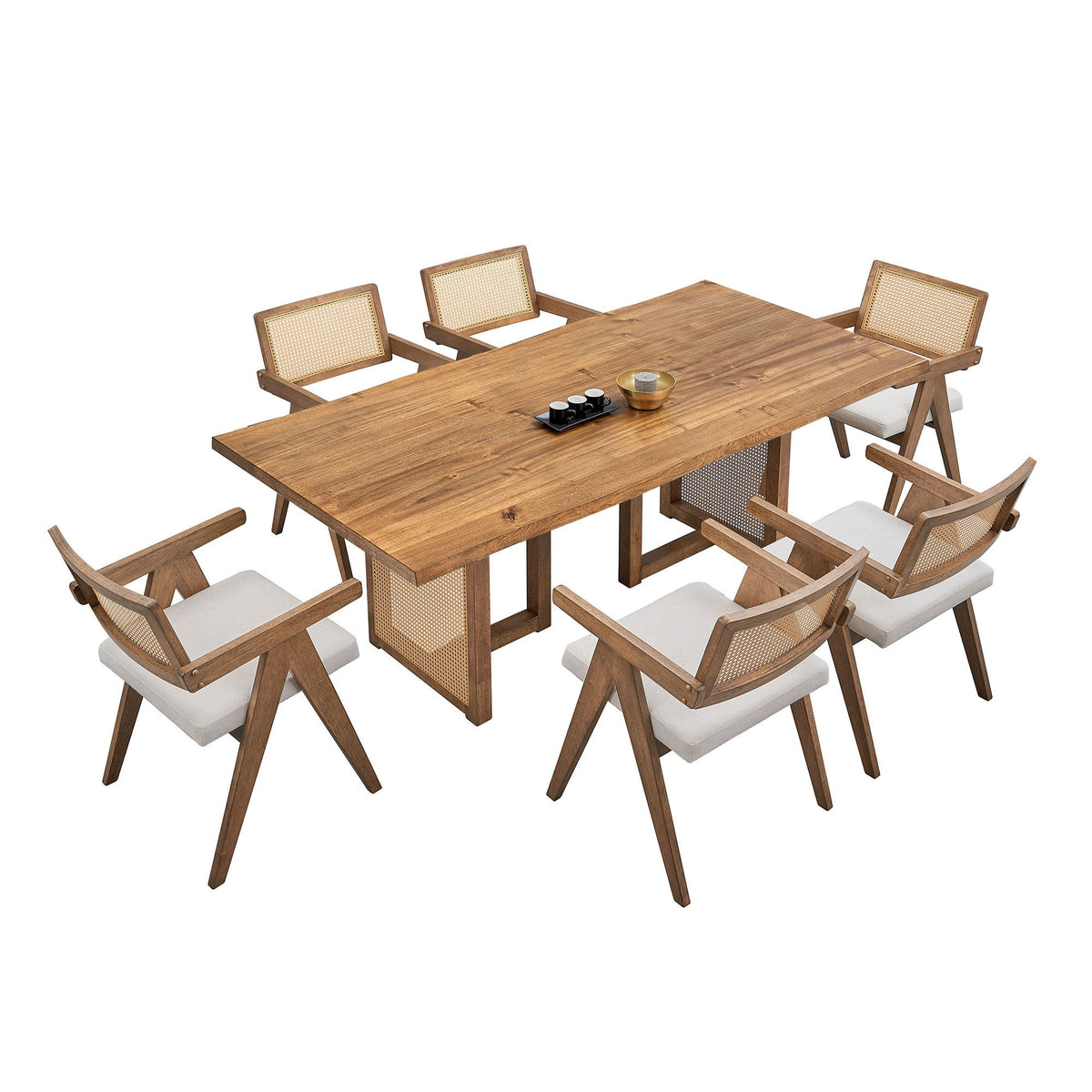 Oversize Rectangular Waves Dining Table with Rattan Weave - Natural Finish