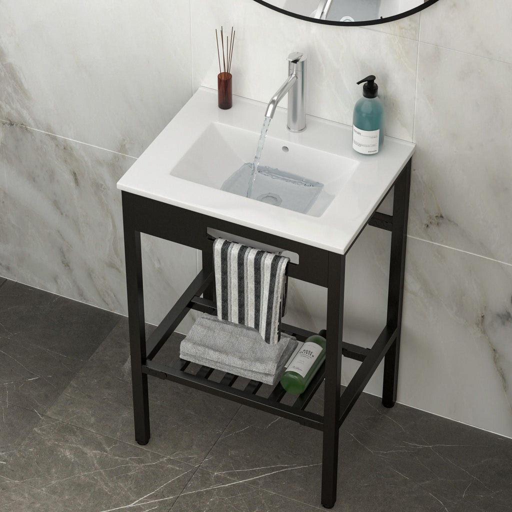 Console Sink With Legs, 24" X 18", Durable Porcelain With Frame - White / Black