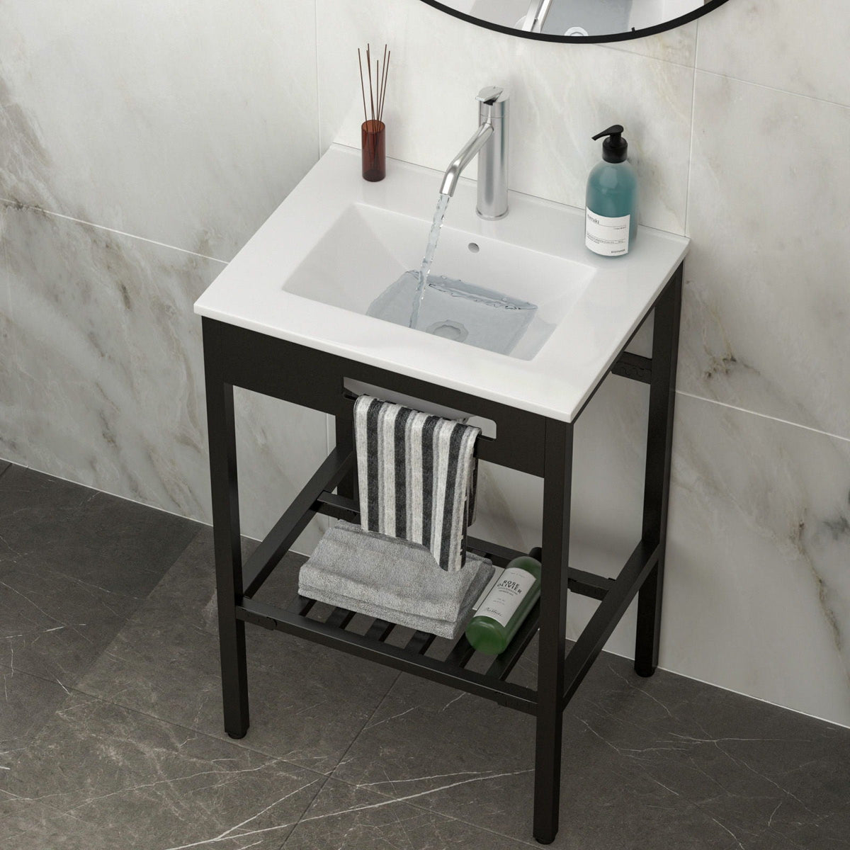 Console Sink With Legs, 24" X 18", Durable Porcelain With Frame - White / Black