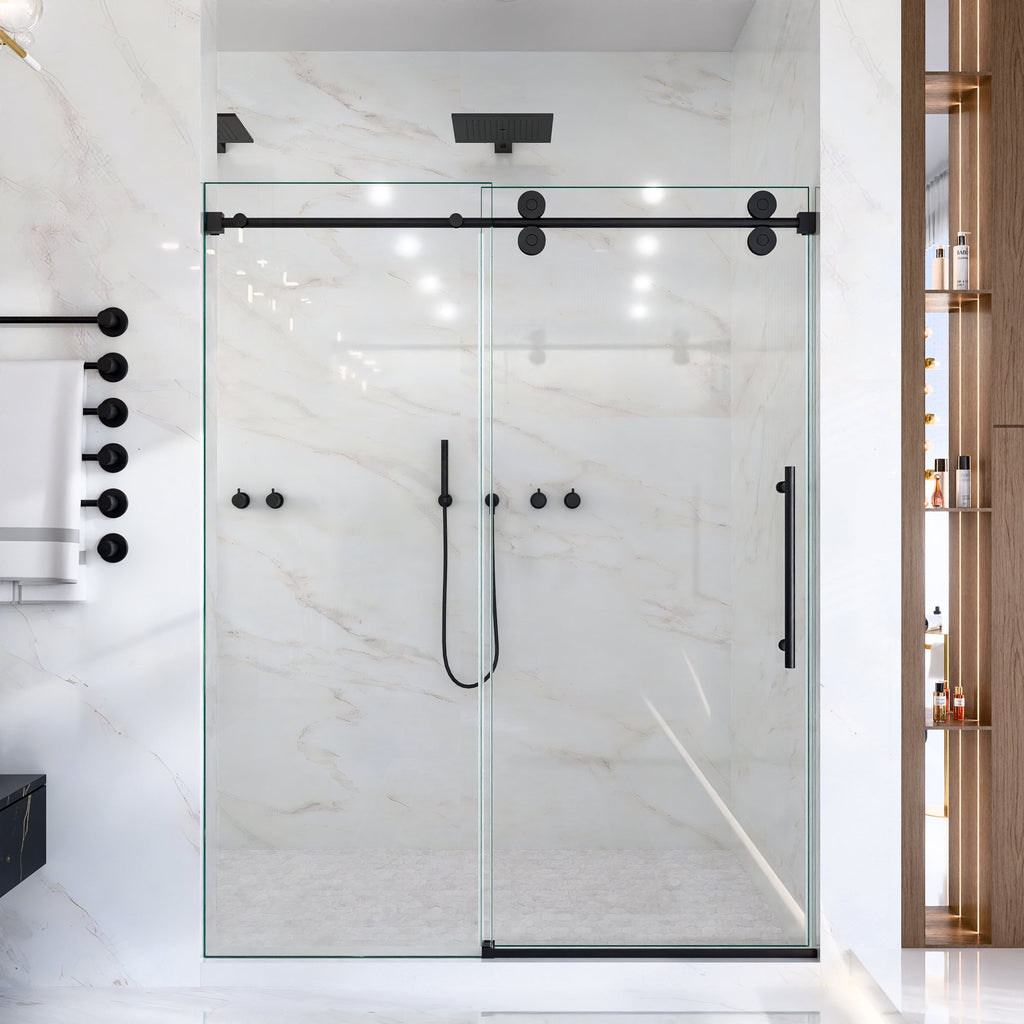 Frameless Single Sliding Shower Door with Matte Finish - Matte Black
