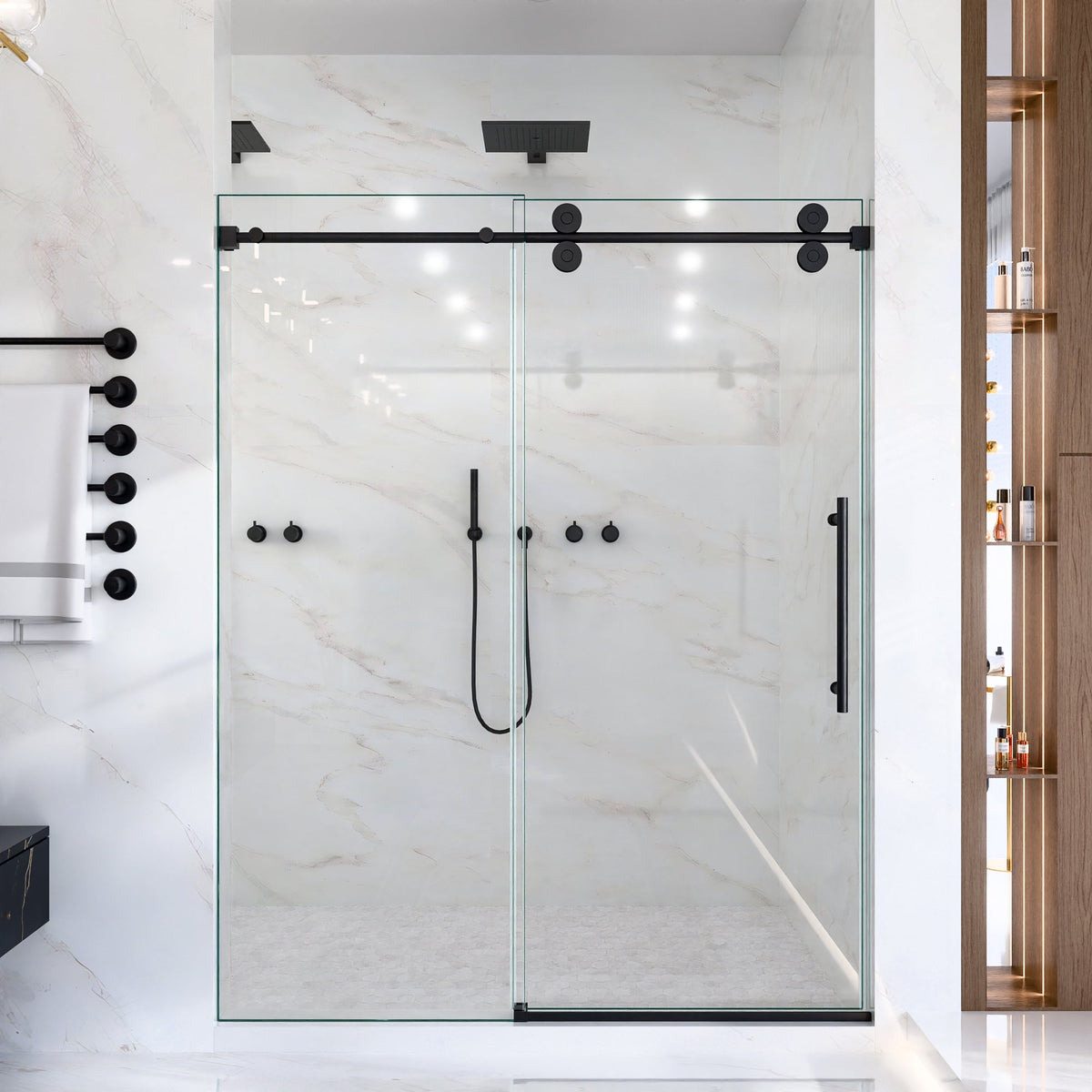 Frameless Single Sliding Shower Door with Matte Finish - Matte Black