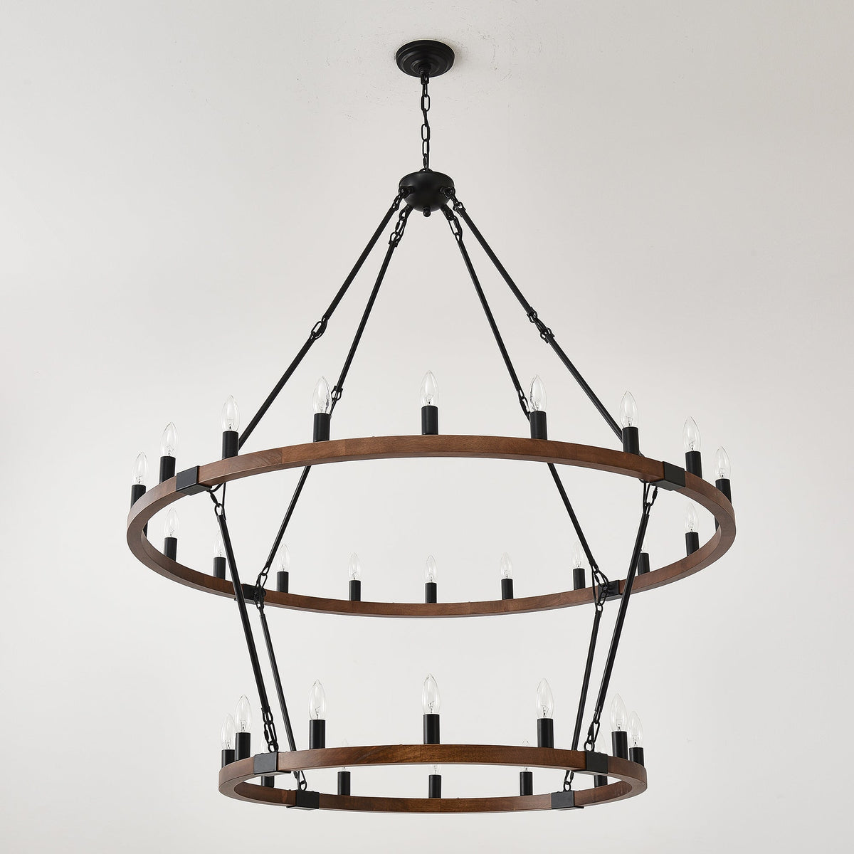 Large Solid Wood Wagon Wheel Chandelier with 2-Tier 32 Lights