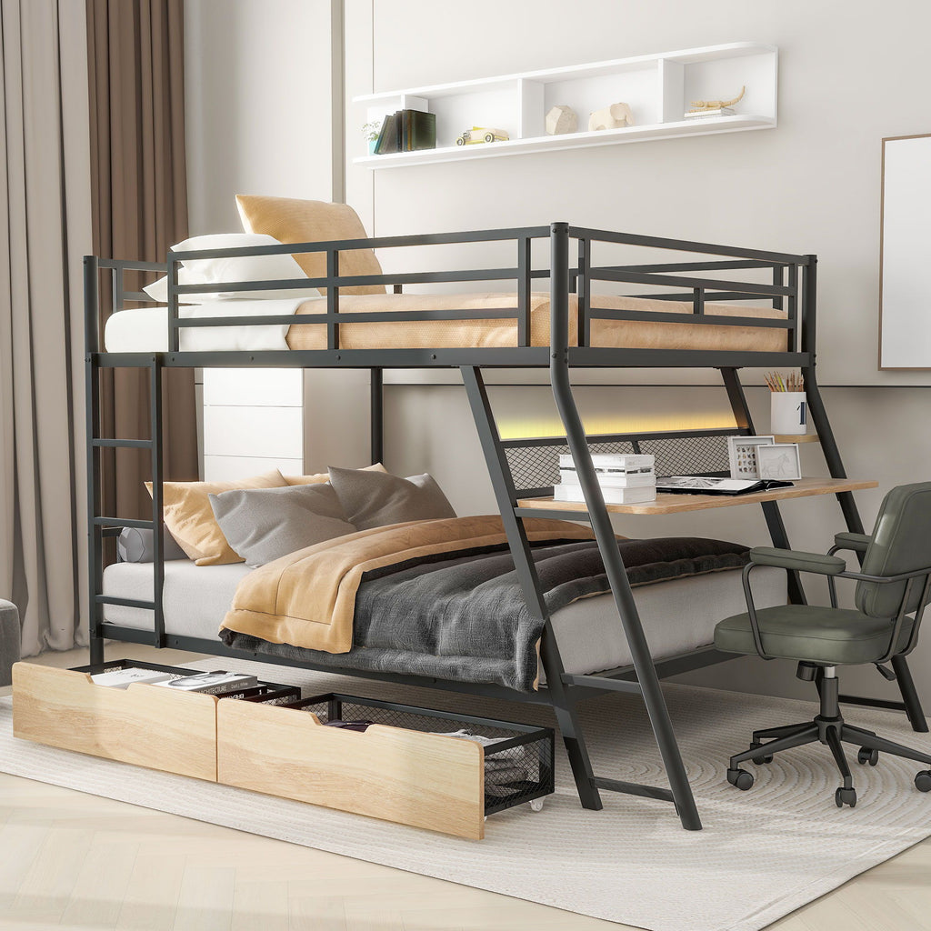 Full Size Bunk Bed with Built-In Desk, Light & 2 Drawers - Black