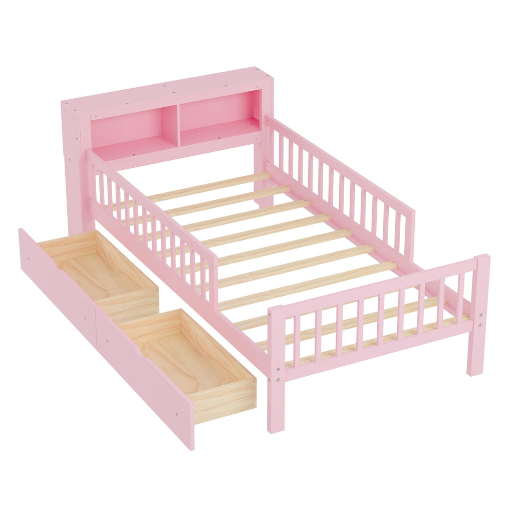 Twin Storage Bed with Headboard Rack & Under-Bed Drawers - Multiple Colors
