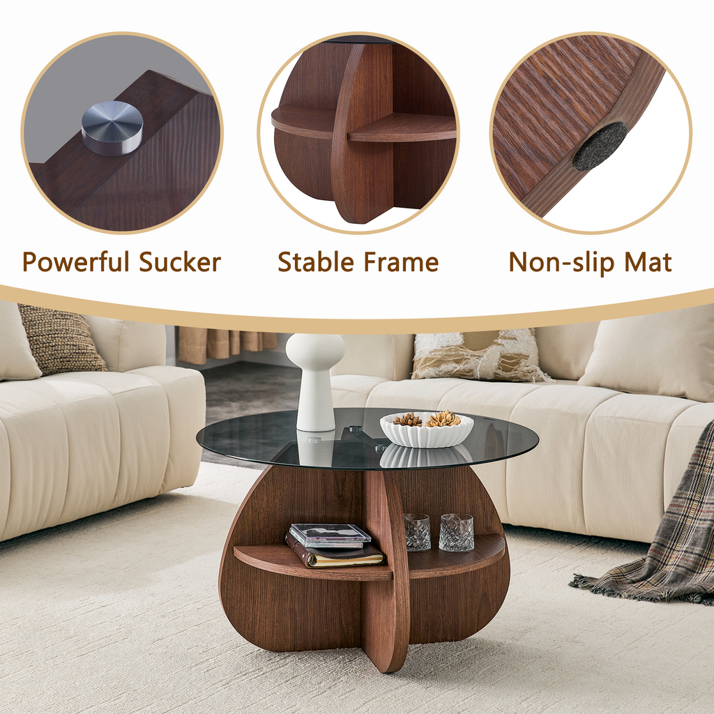 Creative Cross-Structure Round Coffee Table with Glass Top - Walnut Finish