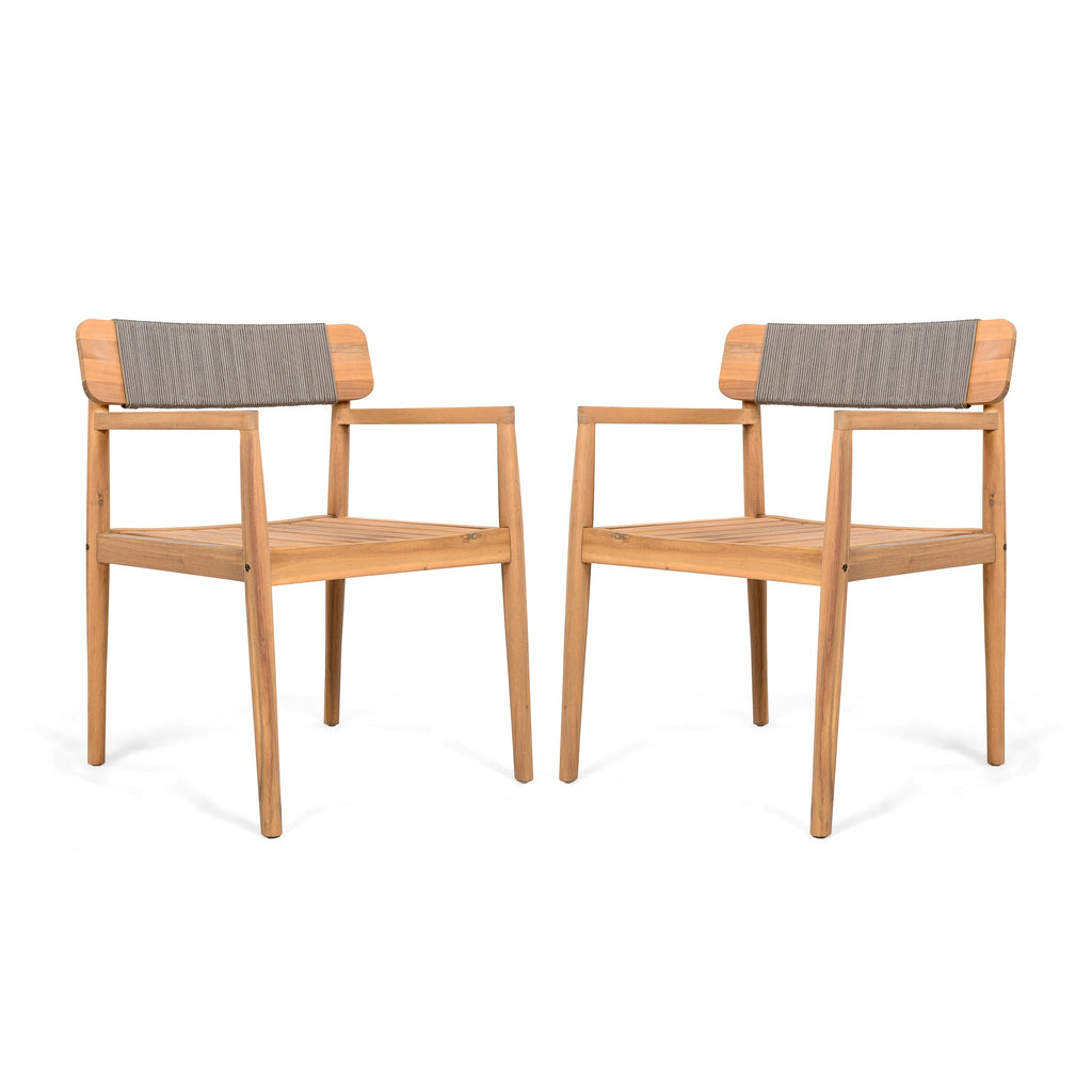 Creative Braided Acacia Wood Outdoor Dining Chairs with Armrests - Grey