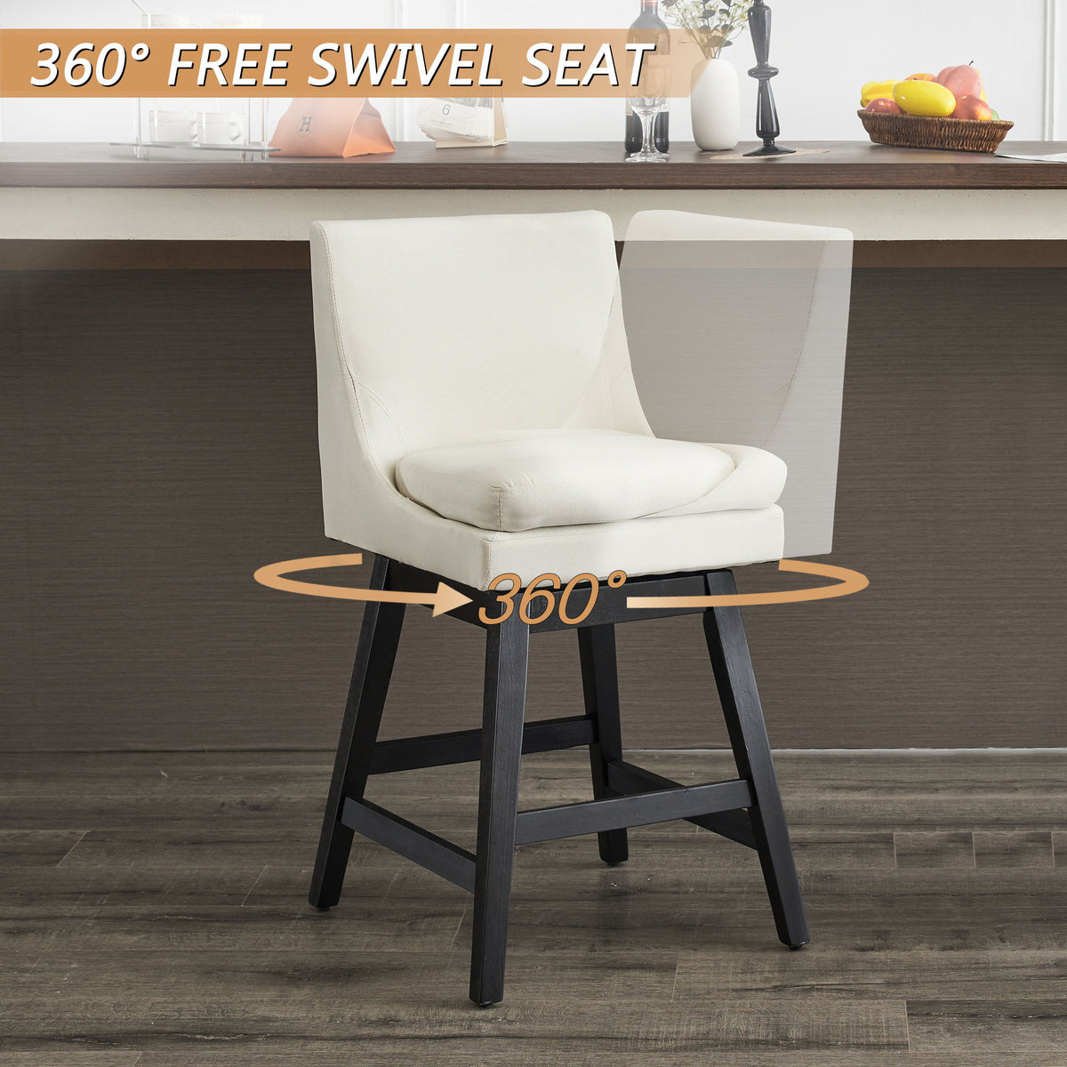 Upholstered Swivel Bar Stools with Ergonomic Design - Cream White (Set of 2)