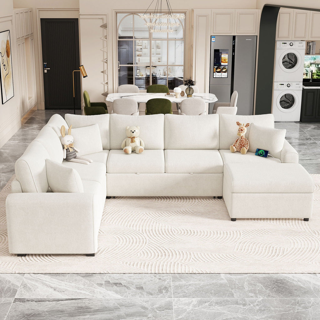 Sleeper Sectional Sofa with Storage Ottoman and USB Charging - White or Dark Gray
