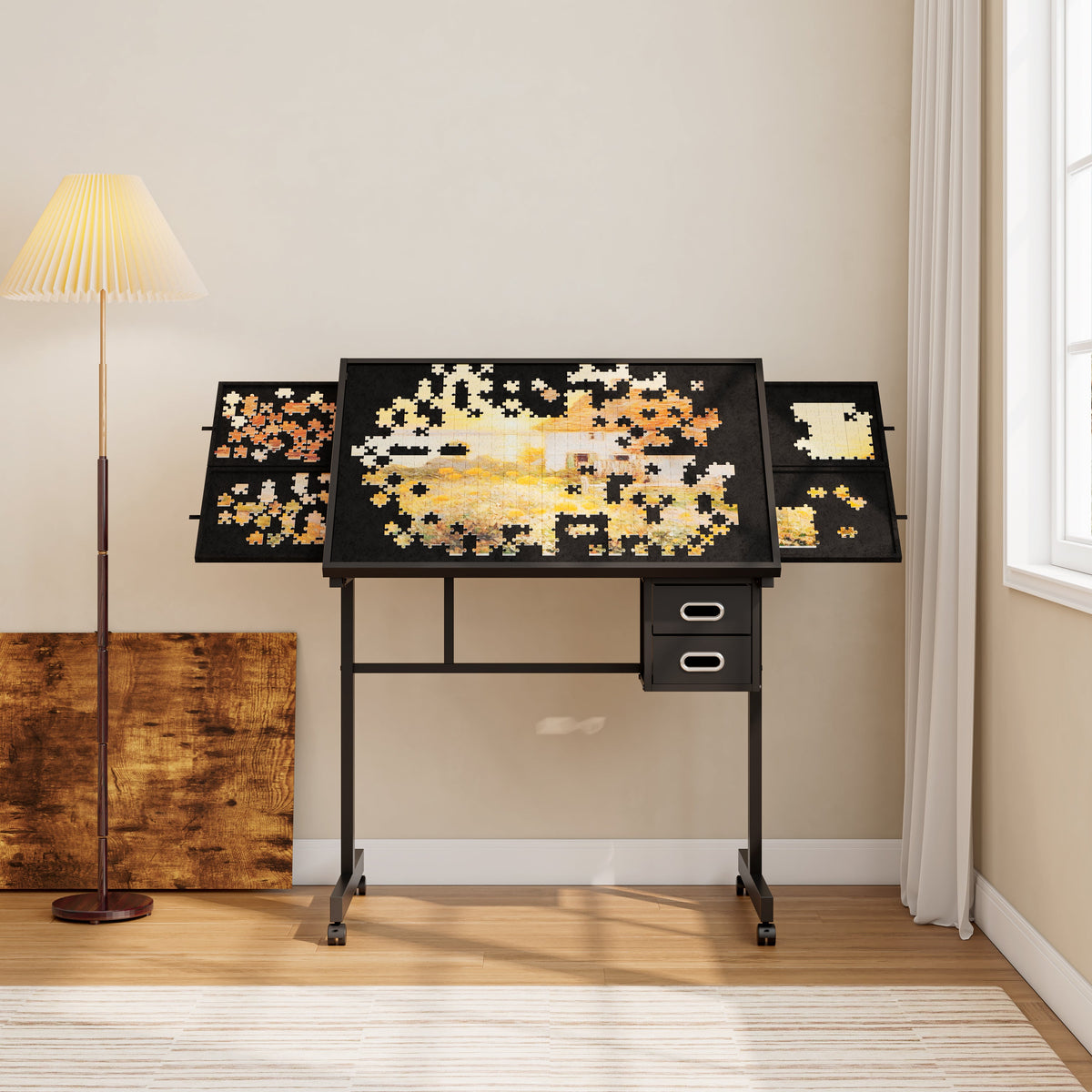 Jigsaw Puzzle Table with Storage and Drawers - Black Metal & MDF