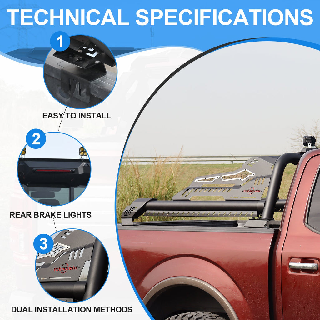 Adjustable Steel Truck Bed Roll Bar with Cargo Stability - Black
