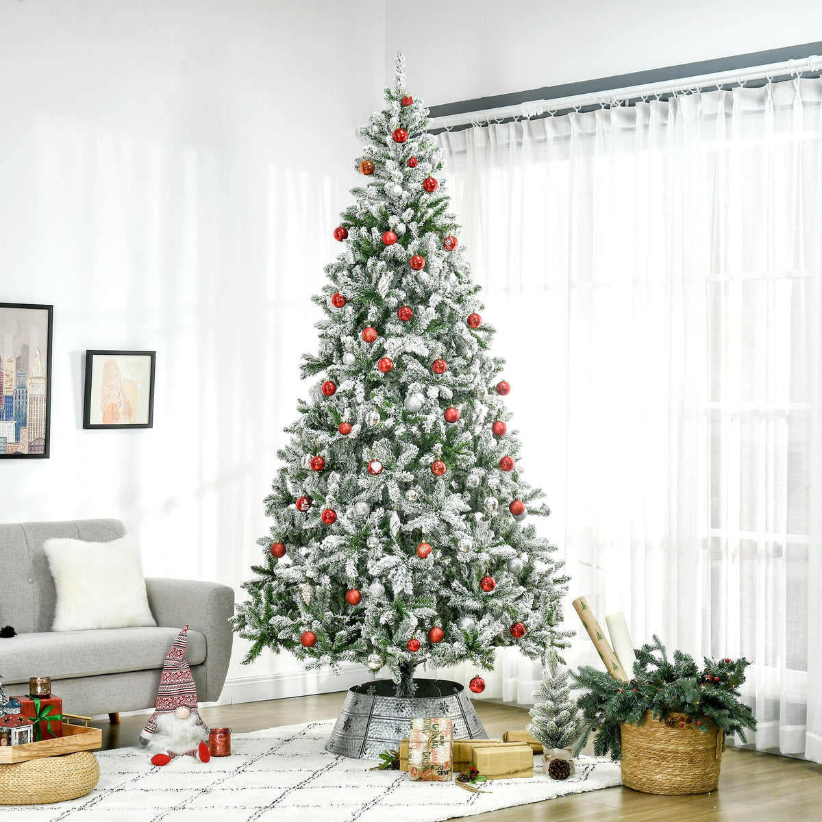 9' Tall Unlit Snow Flocked Pine Christmas Tree - Artificial Pine